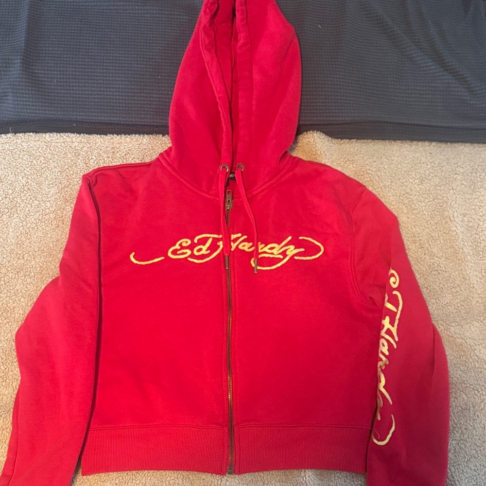 Ed Hardy Red Zip-Up Hoodie with Gold Logo